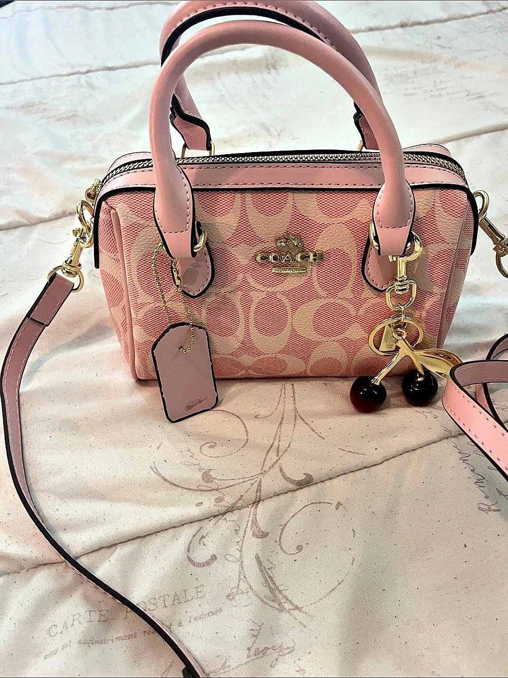 Coach Mini Rowan Crossbody Bag in Signature Canvas Pink & Tan Satchel